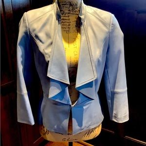 Double lapel White House Black Market crop pale blue leather blazer